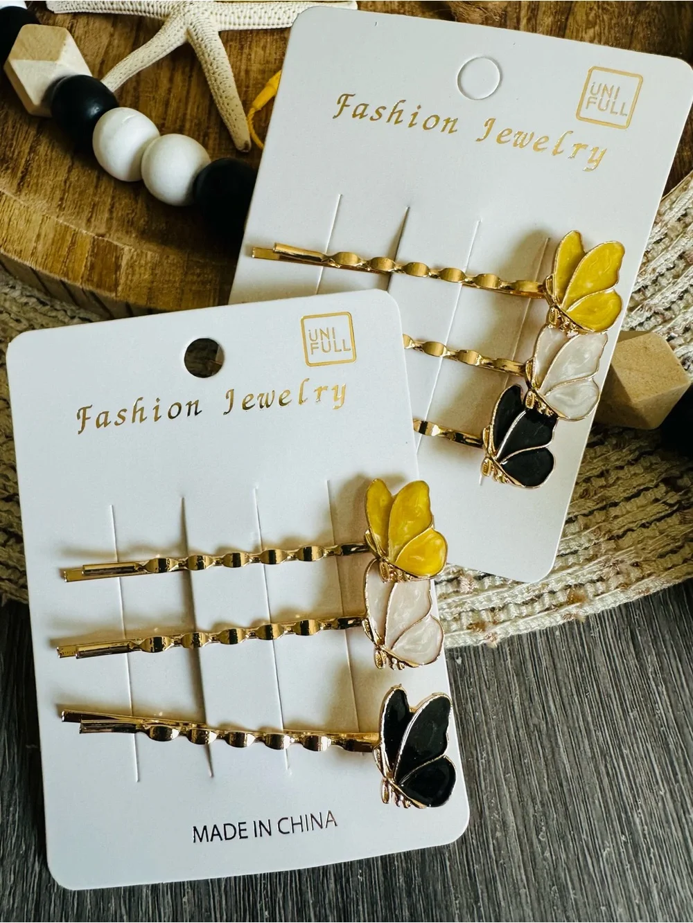 Yellow, Cream & Black Butterfly Hair Pins -Pack of 2 Set! Set of 3 on each card